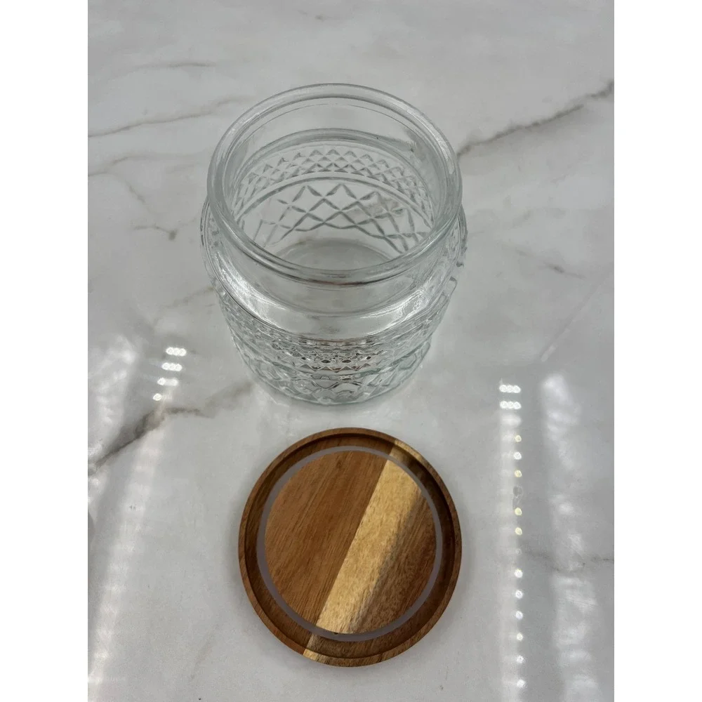 Diamond Pattern Glass Canister with Wood Lid Airtight Storage Jar Clear